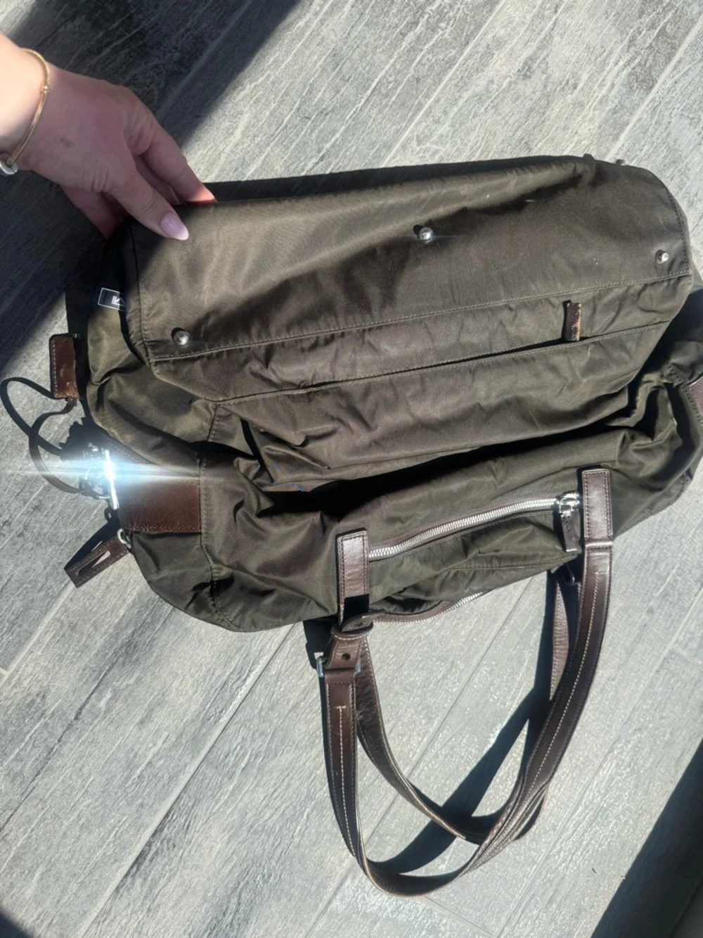TUMI Men's Olive Canvas Weekender Bag with Brown Leather Trim